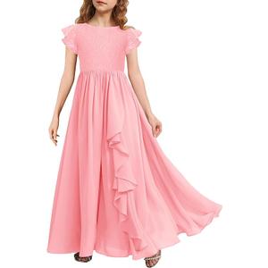 MITILLY Girls Lace Flower Maxi Dress Ruffle Sleeve A-Line Flowy Junior Bridesmaid Chiffon Dresses for Wedding Party 8-9 Years