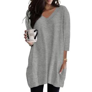 Poetsky Womens Tunic Tops for Leggings with Pockets Vneck 3/4 Length Sleeve Shirt Casual Long T-Shirts S-3XL (S)