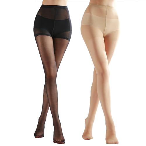 Weziarer 2 Pairs Women's Sheer Tights with Run-Resist, 20D Ladies High Waist Support Control Top Pantyhose with Reinforced Toes, Black & Nude, Size: Small