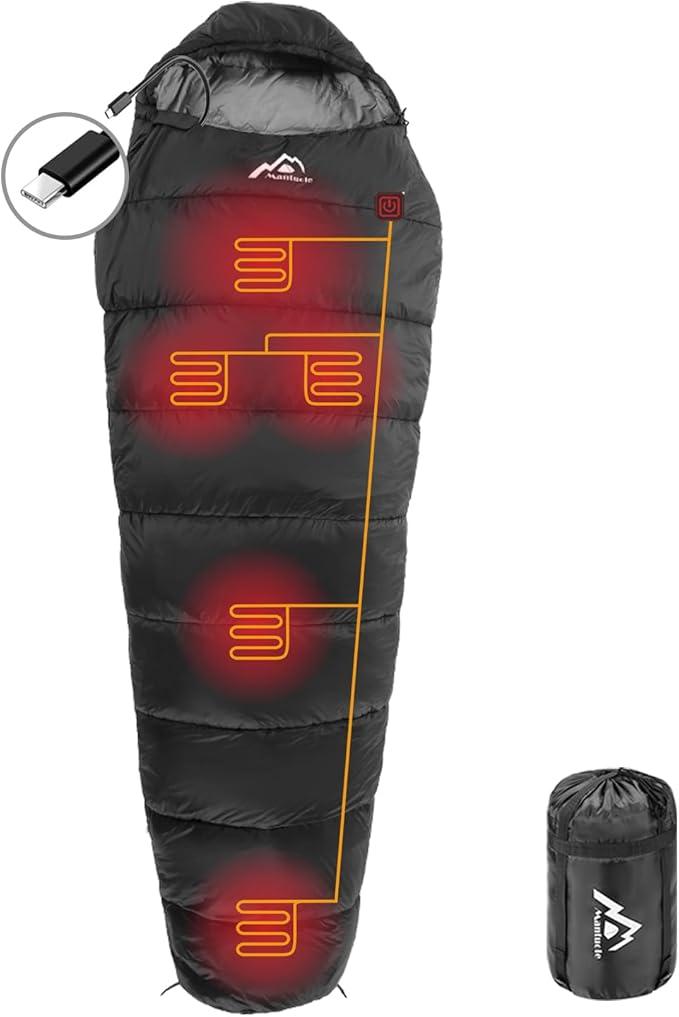 Heated Sleeping Bag 5pcs Multi USB Power Support Heating Pads,Operated with Battery Power Bank or Other USB Power Supplies, Portable Compact Bag, Mummy Style.