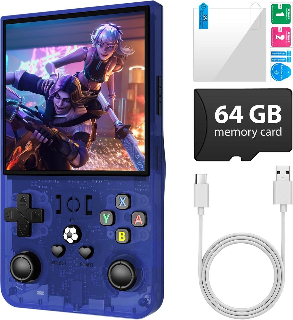 R36MAX Handheld Game Console, Retro Gaming Console with 4000mAh Battery 4.0”IPS Screen, Open Source Linux System, with 64GB TF Card Portable Video Gaming Console, Transparent Blue