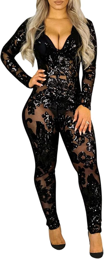 YOOTIKO Women's Sexy Sequin Bodycon Jumpsuit Lace V Neck Long Sleeve Romper Birthday Outfit Clubwear (XX-Large, 00-black)