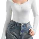 SUUKSESS Women Sweetheart V Neck Long Sleeve Tops Lace Trim Ribbed Modal Fall Going Out Shirts (Medium, White)