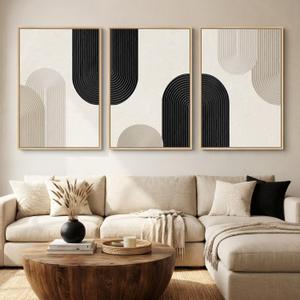 Large Framed Boho Neutral Abstract Wall Art for Living Room, 3 Piece Black and Beige Canvas Prints Artwork for Walls, Modern Minimalist Boho Geometric Wall Art Decor for Hallway Dining Room, 24x36 In