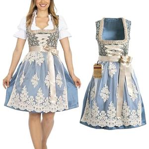 Dirndl Traditional German Oktoberfest Costume - Authentic Bavarian Dress for Women - Blue Gold Outfit, US Medium