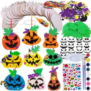 Winlyn 63 Sets Halloween Craft Kits Fall Crafts DIY Wooden Pumpkin Ornaments Decorations Art Sets Unfinished Wood Pumpkins Halloween Stickers for Kids Art Project Home Classroom Party Activities