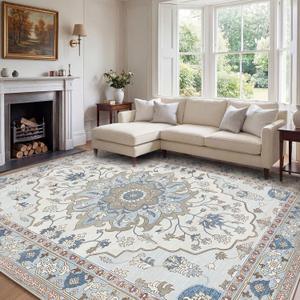 10x14 Area Rugs for Living Room, Machine Washable Boho Vintage Rug, Waterproof Surface & Non-Slip Backing, Foldable Soft Low Pile Floral Medallion Carpet for Bedroom Dining Room (Beige/Blue)