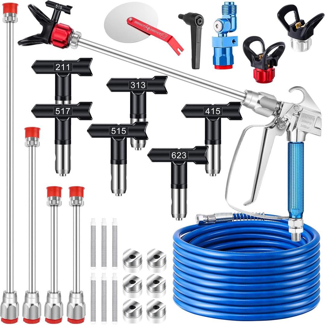 Gyfent 22Pcs Airless Paint Sprayer Gun Kit, 3600PSI Airless Spray Gun with 50Ft High Pressure Hose & 6Pcs Reversible Spray Tips & 4Pcs Extension Rod & 6Pcs Filters & Guide Tool & Nozzle Seat