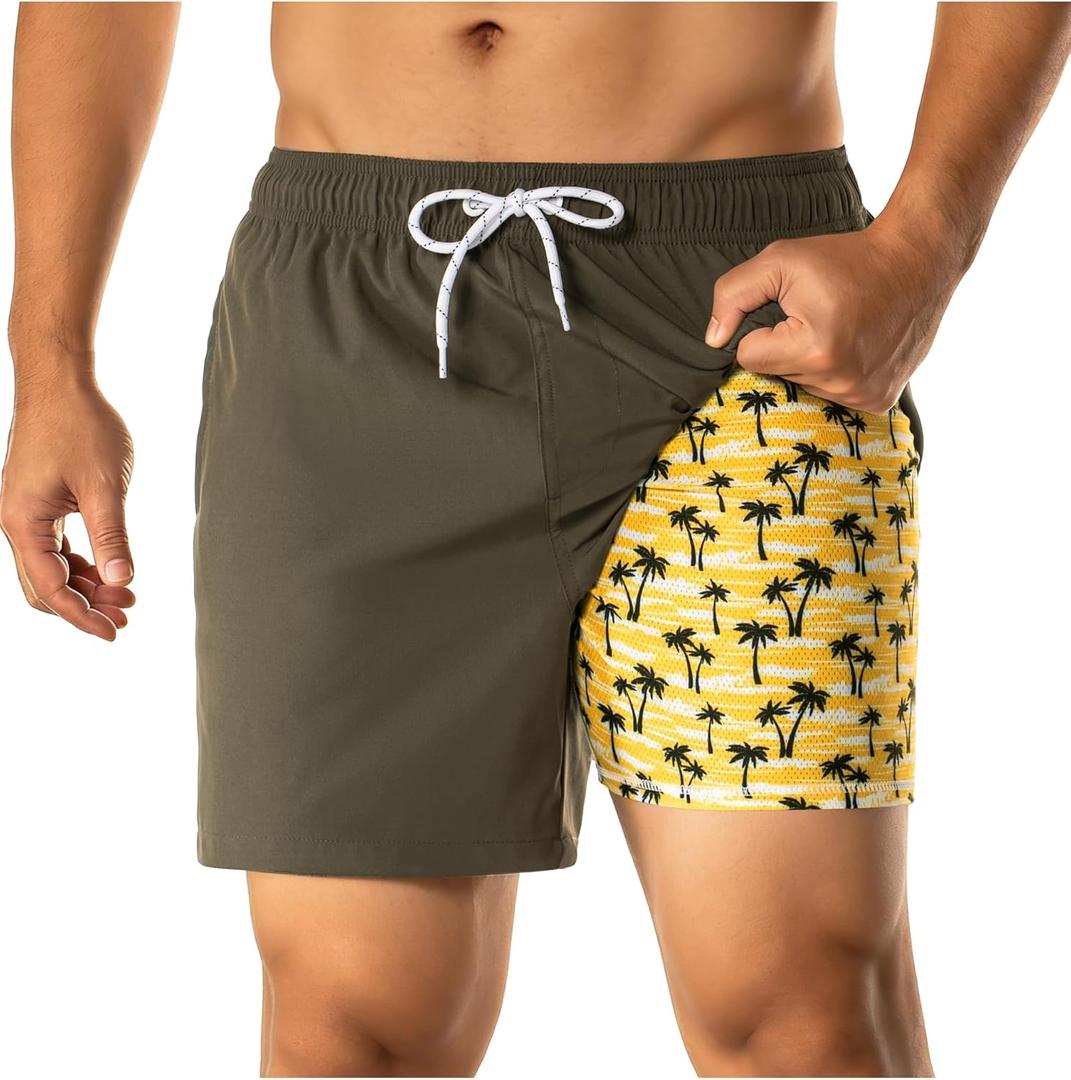 BRISIRA Mens Swim Trunks 5 Inch Compression Liner Beach Swim Shorts Bathing Suit Quick Dry 4-Way Stretch Pockets, Size 34/Large