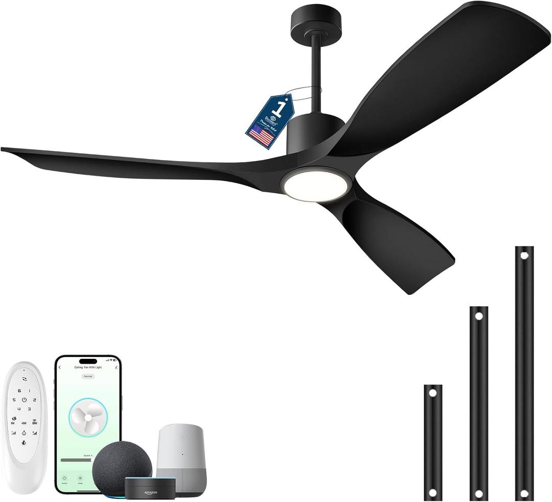 Modern Smart Ceiling Fan with Light and Remote Control, 52 inch Black 3 Blade for Bedroom, Living Room and Patios