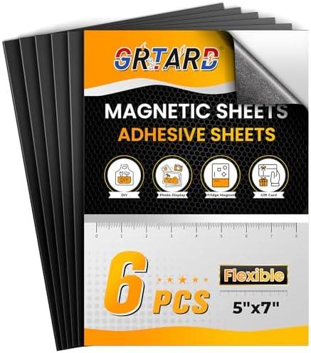 Grtard 5" x 7" Magnetic Sheets with Adhesive Backing, 6 Pack Magnet Sheets with Adhesive, Flexible Magnet Sheets for Stickers, Strong Cuttable Magnetic Sheet for Crafts, Photos, DIY