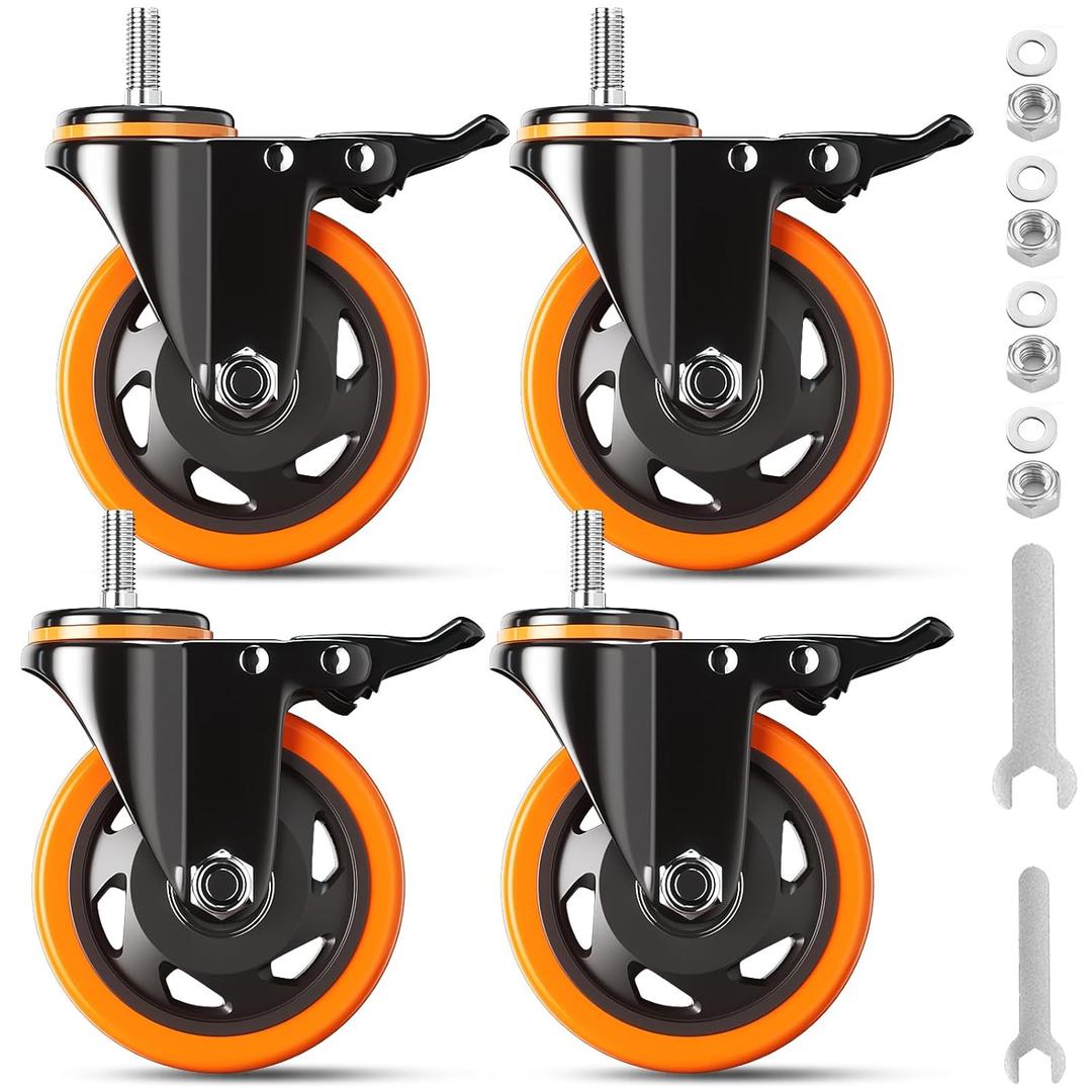 4 Inch Caster Wheels 2000Lbs, Threaded Stem Casters Set of 4 Heavy Duty, 1/2"-13 x 1 (Screw Diameter 1/2", Stem Length 1"), Safety Dual Locking Industrial Castors, Wheels for Cart, Furniture