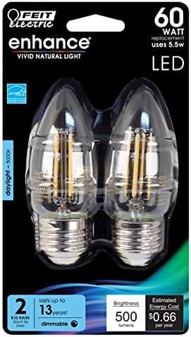 Feit Electric LED Chandelier Bulbs 60W Equivalent, E26 Medium Screw Base, Filament 5000K Daylight,500 Lumens, 2 Bulbs, BPETC60950CAFIL/2/RP (1 Count (Pack of 2), Product Specific)