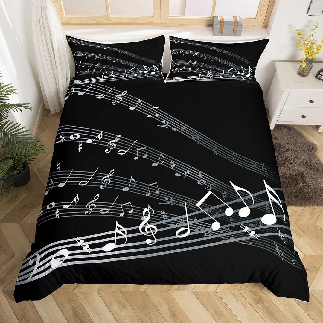 Musical Note Bedding Set Staff Pattern Comforter Cover for Kids Adult Classic Music Themed Duvet Cover Black and White Bedspread Cover Room Decor 2Pcs with 1 Pillowcase Twin Size (No Comforter)