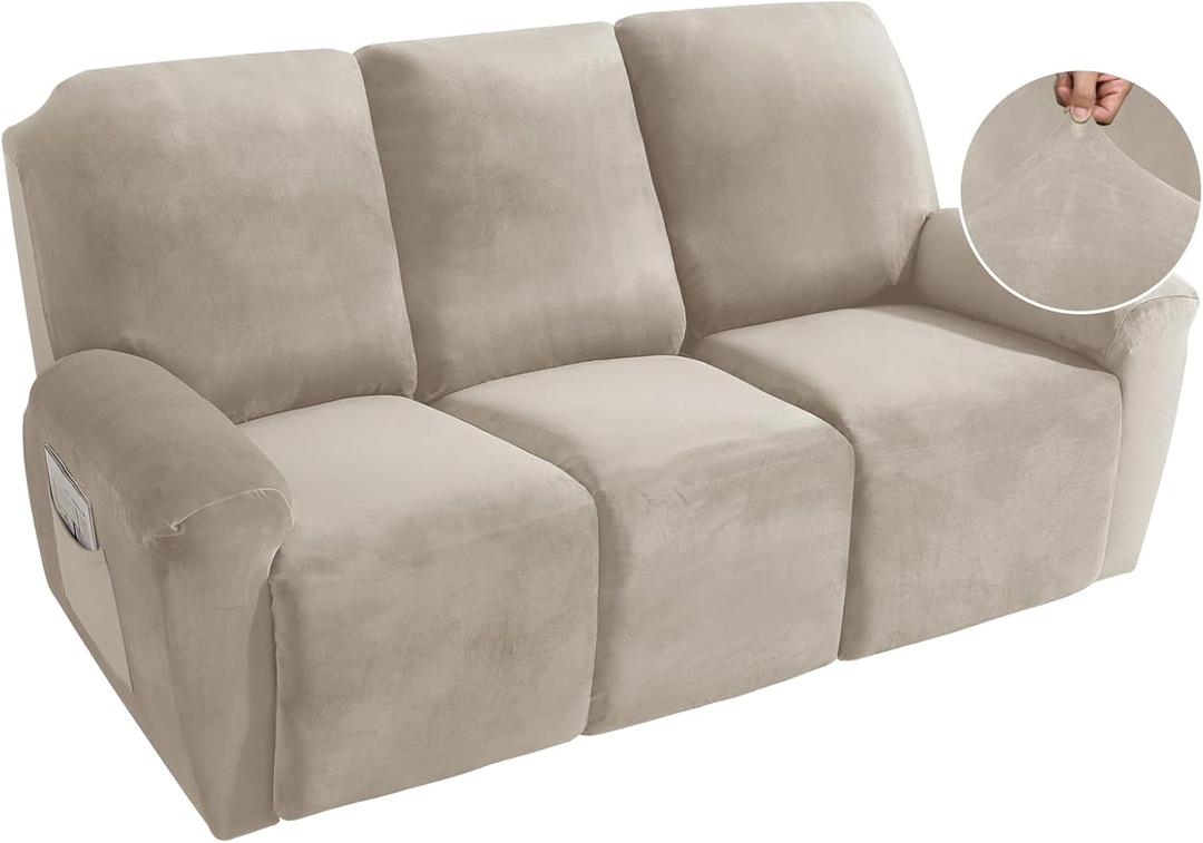MAXIJIN 8 Pieces Recliner Sofa Covers, Stretch Velvet Reclining Couch Covers for 3 Cushion Furniture Covers, Thick, Soft, Washable Reclining Sofa Slipcovers (Sofa Recliner, Khaki)