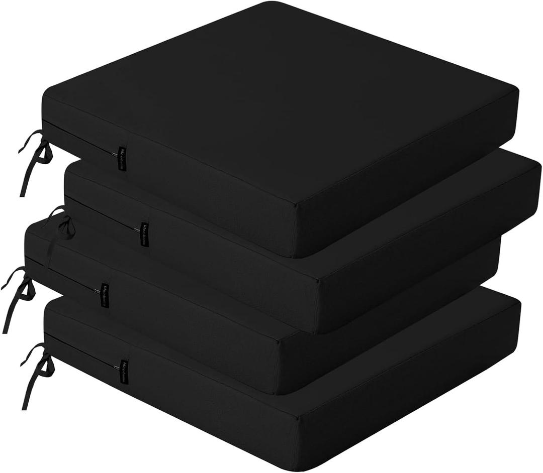 idee-home Outdoor Chair Cushions Set of 4, Waterproof Outdoor Seat Cushions for Patio Furniture, Outside Replacement Chair Pad with Ties for Lawn Deck Porch, 19 x 19 Black (19"x19"(Pack of 4))