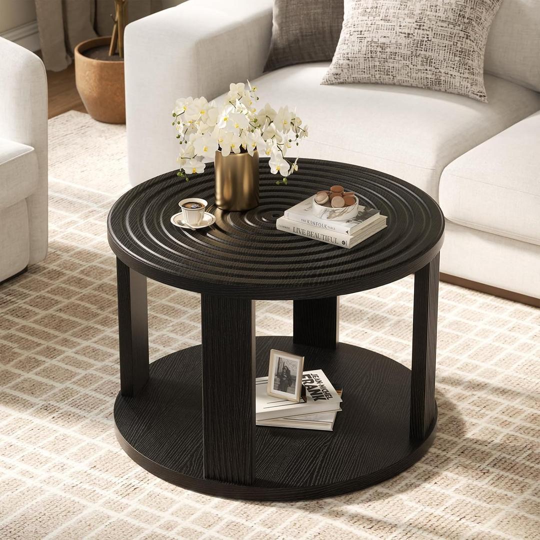 Planimetry 26.8'' Round Coffee Table, 2-Tier Circle Coffee Table with Open Storage, Fluted Round Center Table with Thick Tabletop, Wood Circular Table for Living Room Small Space Easy Assembly, Black