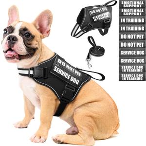Service Dog Vest Harness and Leash Set+10 Patches,No Pull&Easy Walk Reflective Dog Harness with Soft Padded Handle for Training/Everyday,Fit Small/Medium/Large/Extra-Large Dogs (Black M)