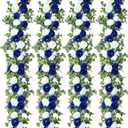 Riceshoot 4 Pcs 4 Pack 26 ft Artificial Eucalyptus Vines Garland with Flowers Faux Floral Greenery Garlands Rose Wreath for Wedding Party Arch Table Decor Backdrop Decorations (Blue and White)