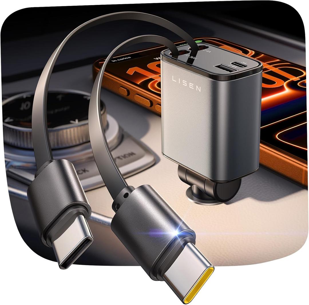 LISEN Retractable Car Charger USB C [Upgraded Dual Type C] 75W Fast 4 in 1 Car Charger for iPhone 17, RV Power Adapters for Men Women Mother, Car Accessories for Galaxy S26 Phone 17 Pro Max 16 15 (Grey)