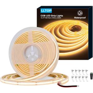 COB LED Strip Lights Waterproof IP67 DC24v Warm White 3000K 16.4ft/5m High CRI 92Ra+ Outdoor LED Tape Lighting DIY Cuttable for Bedroom Kitchen Cabinet Shelf (Power Supply Not Included)