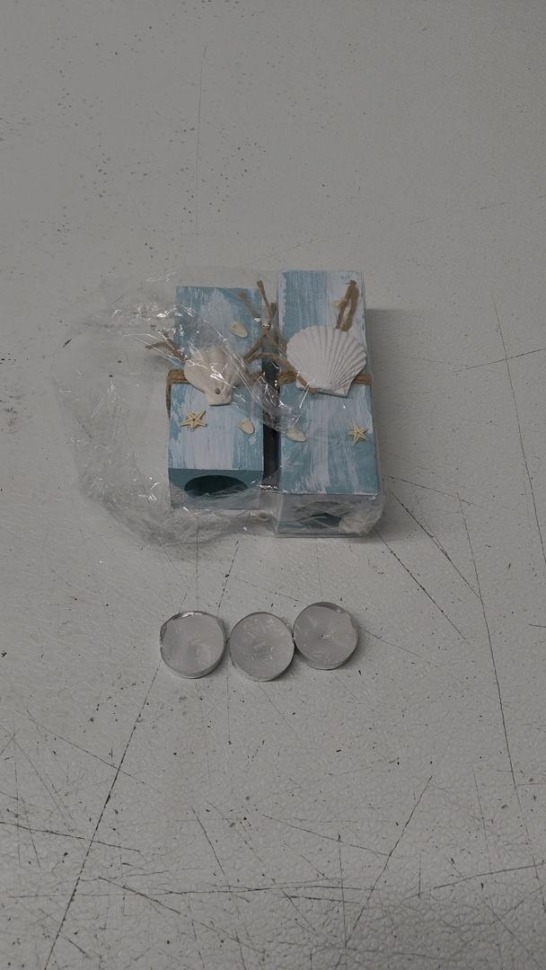 Suzile 2 Pcs Summer Ocean with Candles Tealight Candle Holders Decorations Wood Table Sign Starfish Scallop Tealight Marine Life Candlesticks for Table Centerpiece Tiered Tray Decor