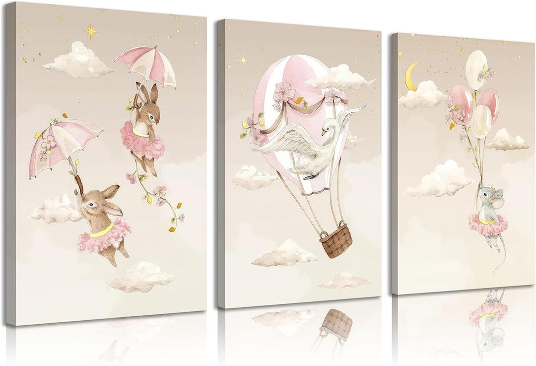 3Pcs Cute Animals Nursery Bunnies Swan Mouse Canvas Wall Art Interesting Cartoon Pictures Wall Decor Pink Hot Air Balloon Posters Prints for Girl Bedroom Living Room Decorate Prepare to hang