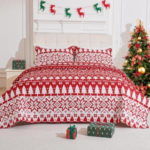 3-Piece Christmas Quilt Set Queen/Full Size Cozy Xmas Snowflake Bedding Sets Soft Christmas Tree Bedspread, Holiday Santa Quilt Coverlets Set for Home Decoration with 2 Pillow Shams,Red White