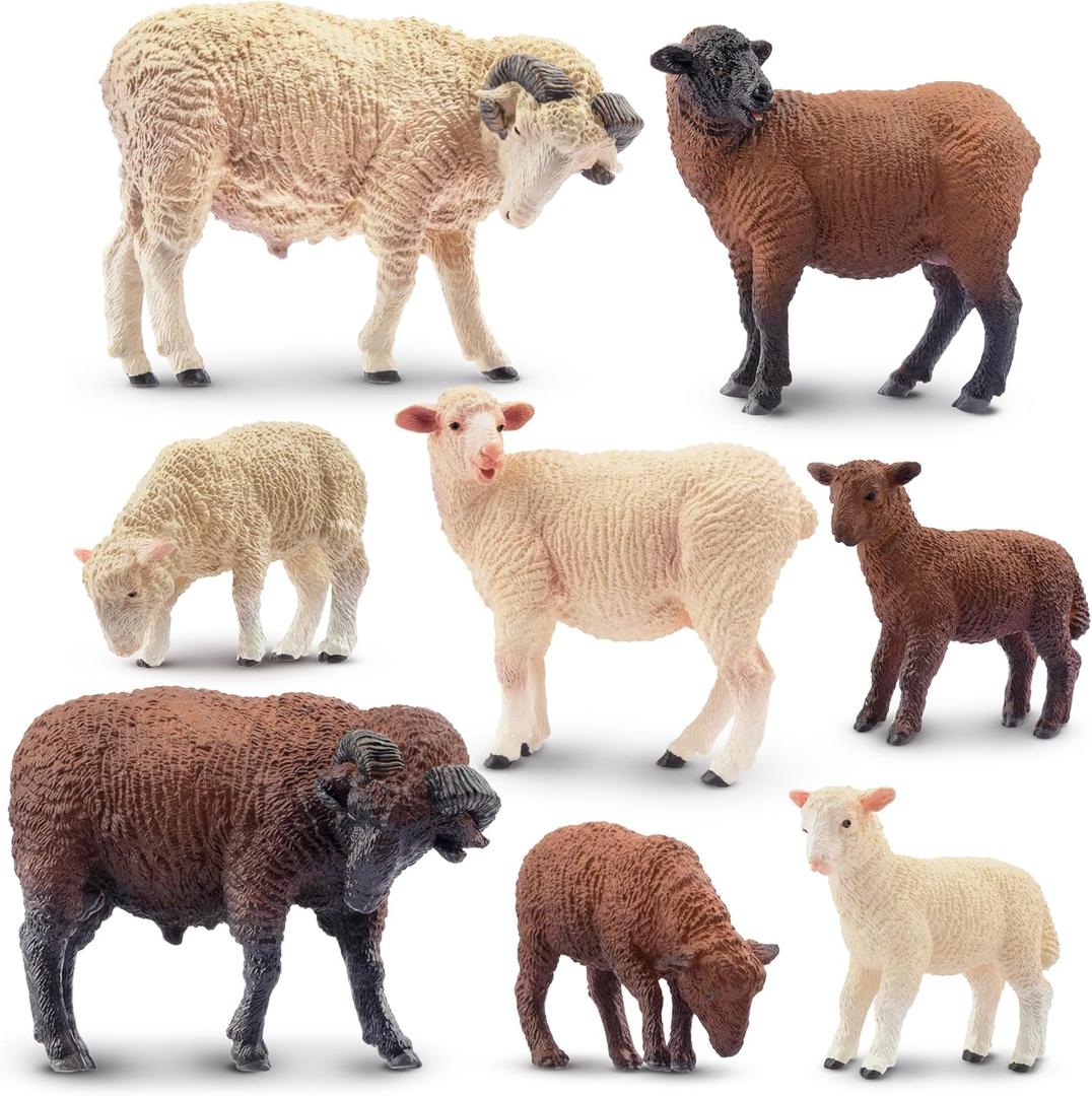 Toymany 8PCS Merino Sheep Figurines Realistic Farm Animal Sheep Toys- Plastic Sheep Figures Birthday Christmas Toy Gift for Kids Toddlers