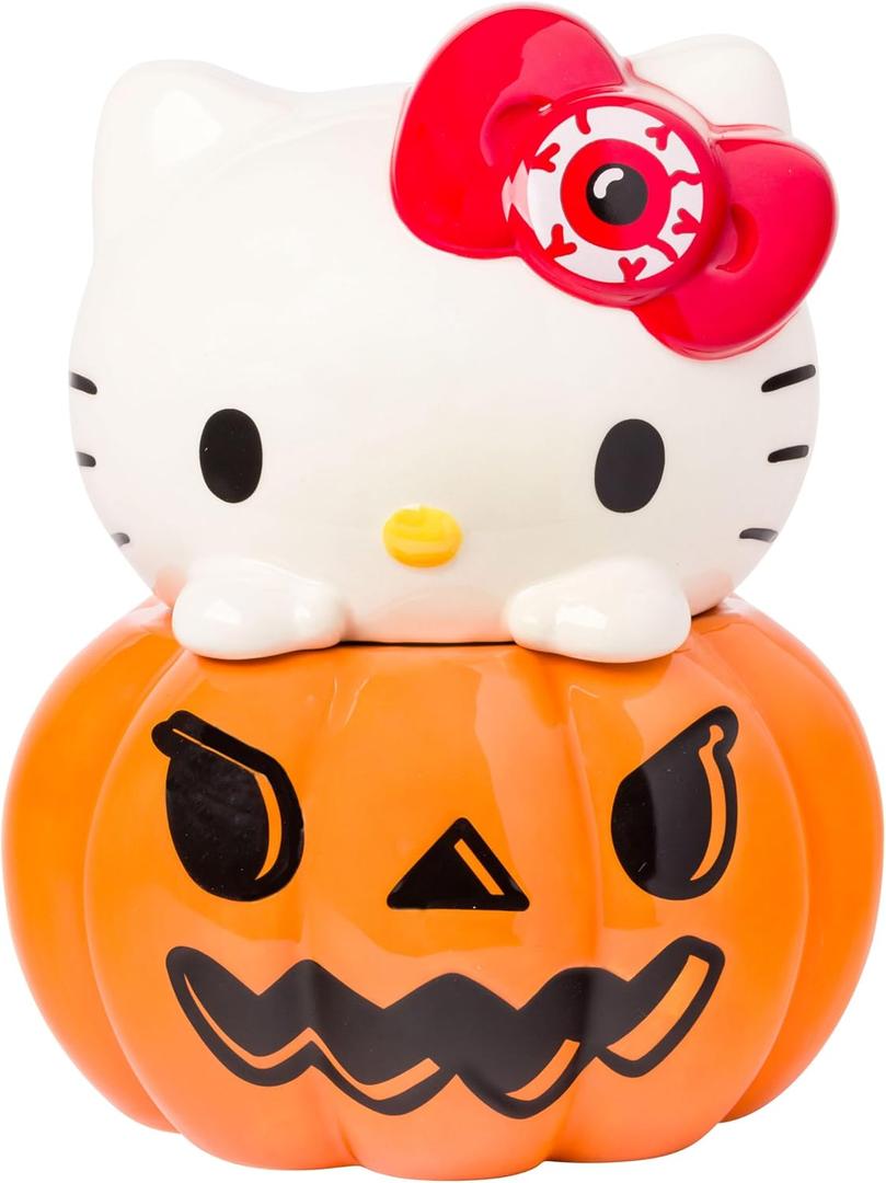 Silver Buffalo Sanrio Hello Kitty Halloween Pumpkin Jack O'Lantern 3D Sculpted Ceramic Cookie Snack Candy Jar (Medium)