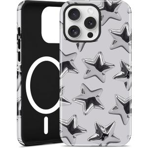 Compatible with MagSafe Star Case for iPhone 15 Pro, Cute Magnetic Aesthetic 3D Star Design Soft TPU and Hard PC Shockproof Protective Phone Cover for Women Girls-Silver