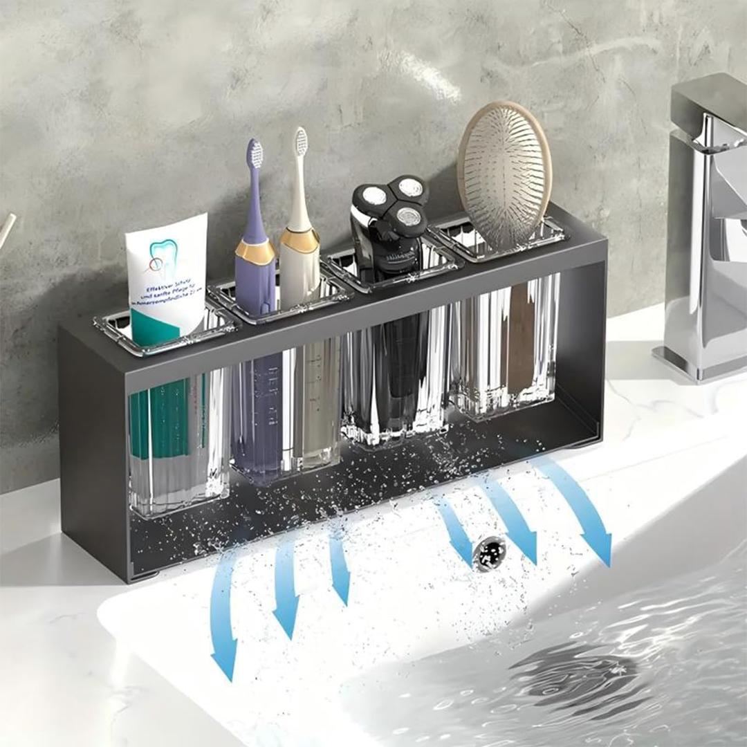 Kitchen Utensil Organizer, Grey Metal Frame with ABS Compartments, 4 Sections with Drainage, Countertop Storage Rack for Chopsticks and Cutlery, 12.12x4.88x2.76 Inches