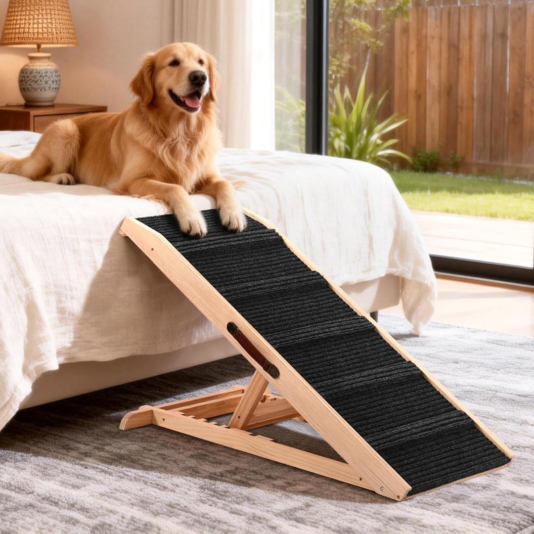 43" Long Dog Ramp with Landing Platform for Bed, Couch & Car - 6 Level Adjustable Height (10.8" to 23.6"), Foldable Wooden Pet Ramp with Non-Slip Surface, for Old Dogs Up to 140 LBS
