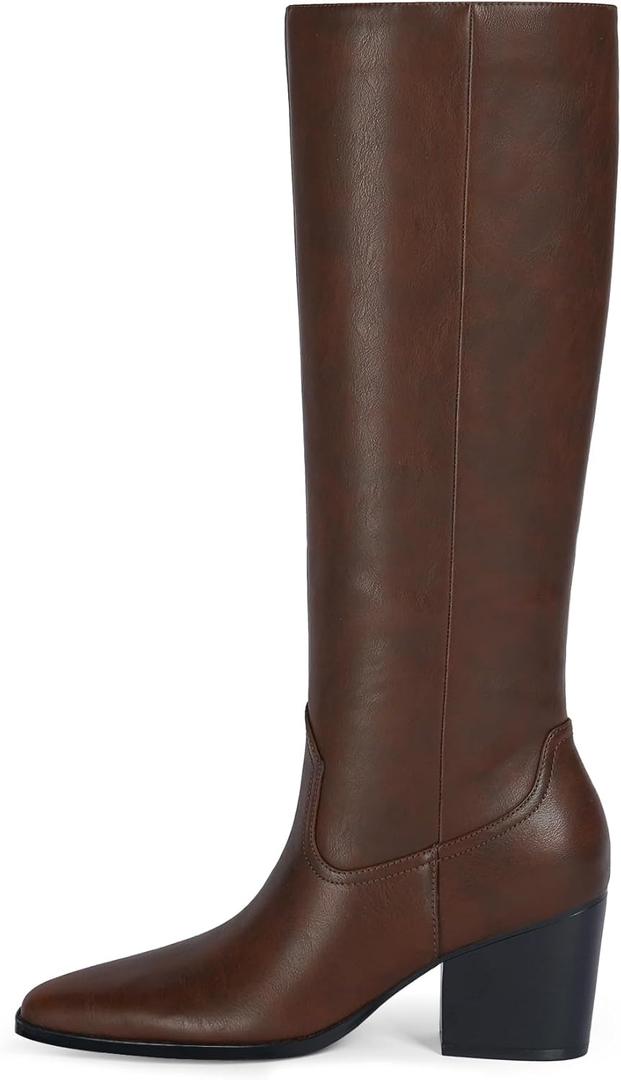 Modatope Knee High Boots Women Square Toe Chunky Heel Tall Boots for Women High Heel Side Zipper Long Boot (9, Brown)