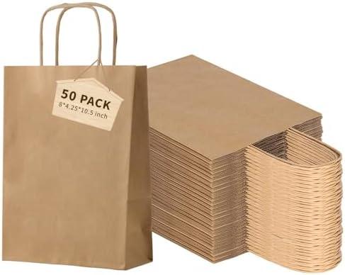 FACEBAG 50-Pack Brown Paper Bags with Handles Bulk, 8x4.25x10.5 Inches,Medium-sized Gift Bags with Handles for Party FavorsTake-OutGrocery Shopping & RetailReusable & Durable