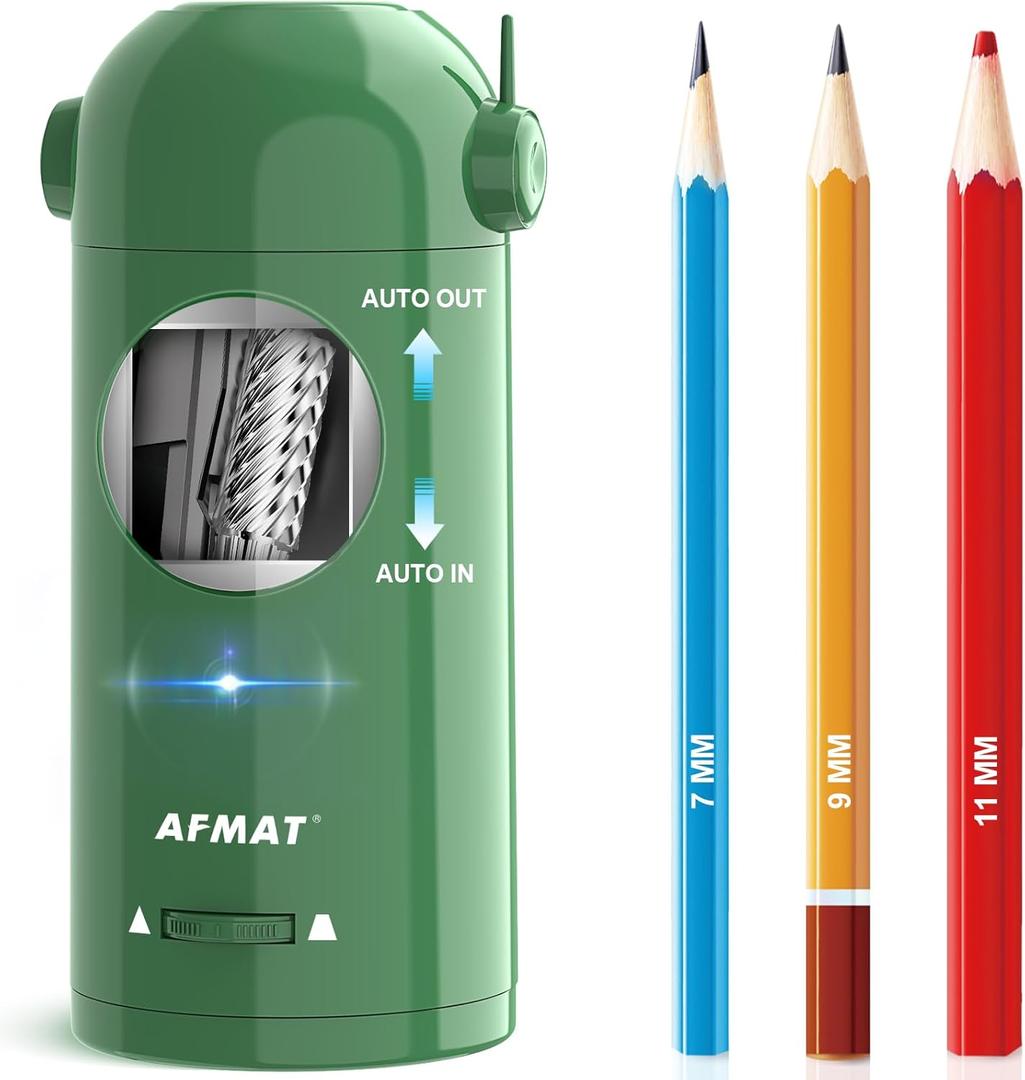 AFMAT Electric Pencil Sharpener, Fully Automatic Pencil Sharpener for Classroom, Robot Sharpeners for 7-11.5mm No.2/Jumbo/Colored Pencils, Auto in & Out, Rechargeable & Cordless, Hands-Free, PSX5, Green