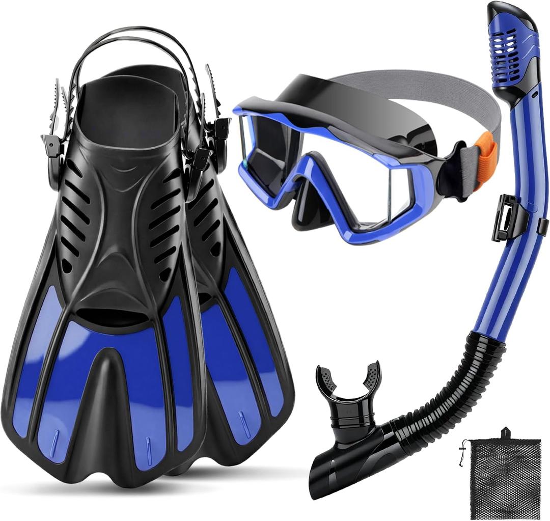 Snorkeling Gear for Kids Adults, 4 in 1 Snorkel Mask Fins Set with 3 Window Snorkel Mask, Dry Top Snorkel, Adjustable Short Fins and Mesh Bag, Anti-Leak & Anti-Fog Snorkel Gear for Snorkeling (Blue)