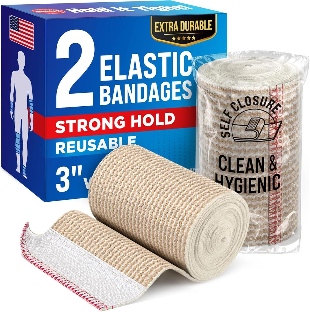 Premium Elastic Bandage Wrap - 3 (2pk) - Strong Compression - Self-Closing Reusable Bandages for Legs and Arms - Wrist, Elbow, Foot, Ankle, Knee Wrap - for First Aid Kit and After Surgery Recovery