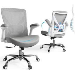 Ergonomic Office Chair-Computer PU Leather X-Shaped Desk Chair-Gaming Chair with Adjustable Flip-up Armrests Lumbar Support Mesh Executive Chair for Long Hours Office (White-Grey)