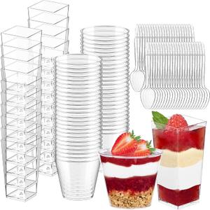 Soelomu Mini Plastic Dessert Cups with Spoons 200 Pcs | Serves 100 | 5 OZ Round and 3 OZ Square Dessert Shooters | Small Party Serving Cups for Parfait, Appetizers, Dessert Shot Glasses Set