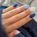 Blue Press on Nails Short Oval Fake Nails Polka Dot & Stripe Design Full Cover Glossy Navy Blue Glue on Nails for Women Manicure 24PCS