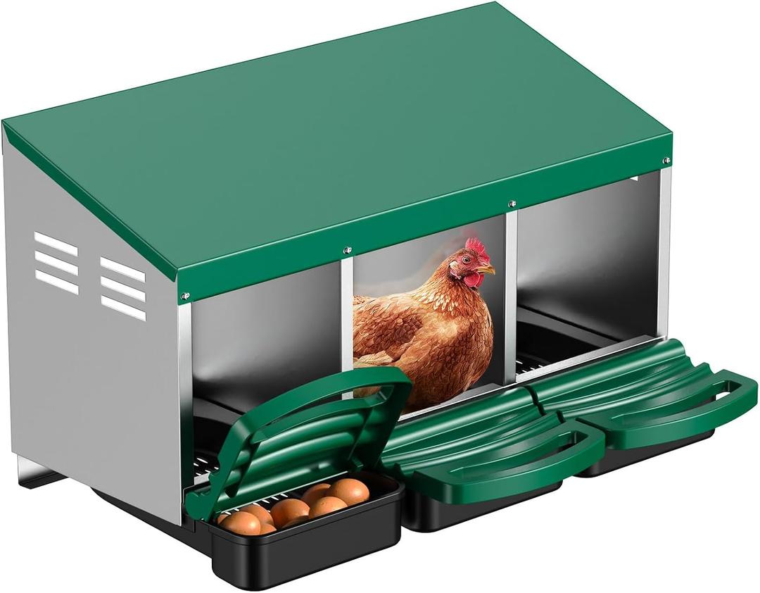 Chicken Nesting Boxes, Roll Away Nesting Box for Chickens 3 Compartment, Roll Out Egg Laying Boxes for Hens, Metal Nesting Box with Egg Collection Drawer & Protective Lid, Green