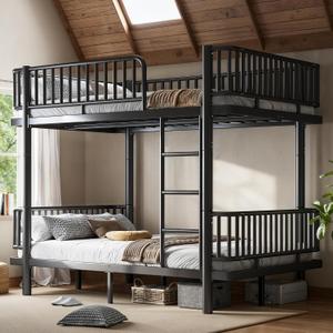 Bellemave Metal Full Over Full Bunk Bed for Adults/Kids,Heavy Duty Adults Bunk Beds with Rounded Guardrail & Anti-Noise Slats, Convertible Bunk Beds for Teens,Black