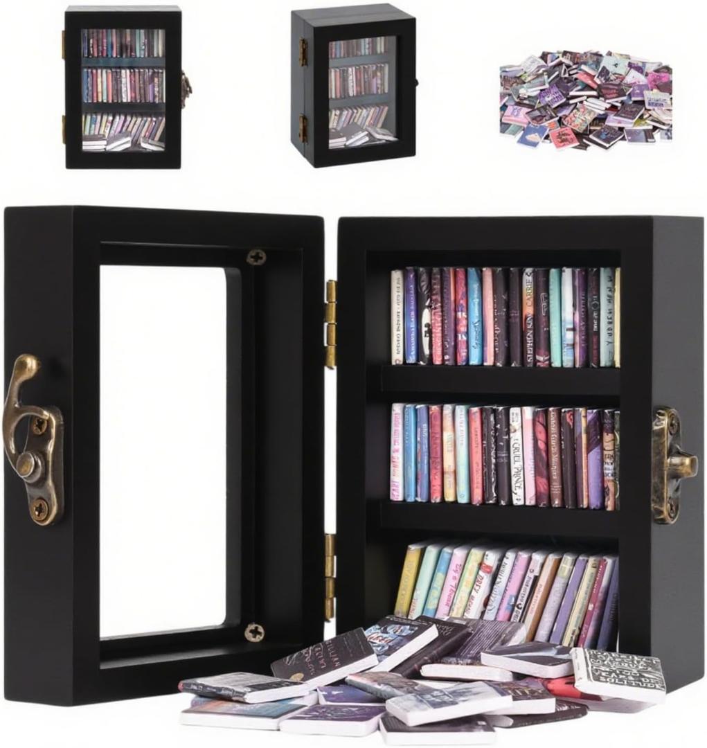 WQLLWFC Mini Bookshelf Miniature Library Decor with 60pcs Mini Books Small Bookshelf Decoration for Book Lovers, Relieving Gifts to Get Rid of Your Anxiety (Black)
