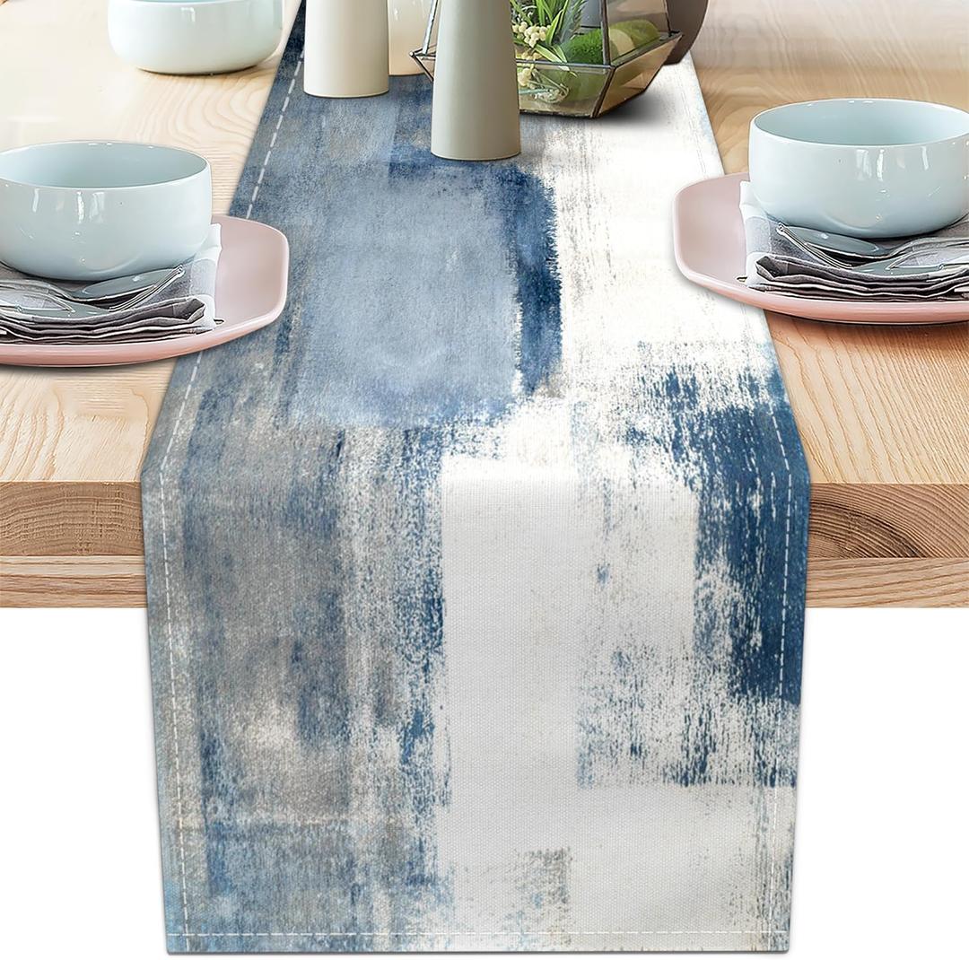 White Gray Table Runners Modern Art Farmhouse Linen Table Runners Dresser Scarves Retro Rustic Style for Party Kitchen Dining Table Coffee Holiday Party Decor (13"x 90")