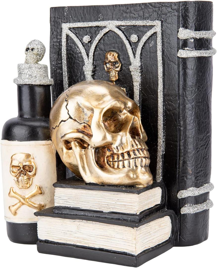 Halloween Skull Decor, Gothic Skeleton Heads and Book Resin Statue, Collectible Figurines for Halloween Decor Unique Gifts for Home Decorations 9.2" (Silver)