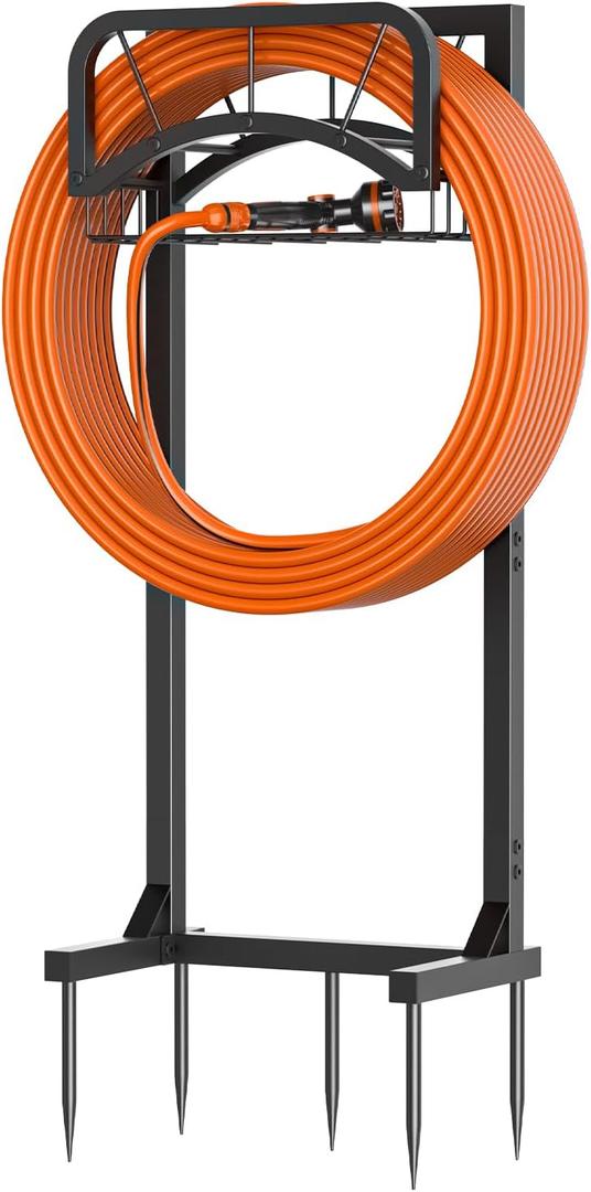 Garden Hose Holder, Upgraded Heavy Duty Freestanding Water Hose Holder Stand with Storage Basket, Holds Up to 160 FT Hose for Outside Yard Lawn Farm, Black