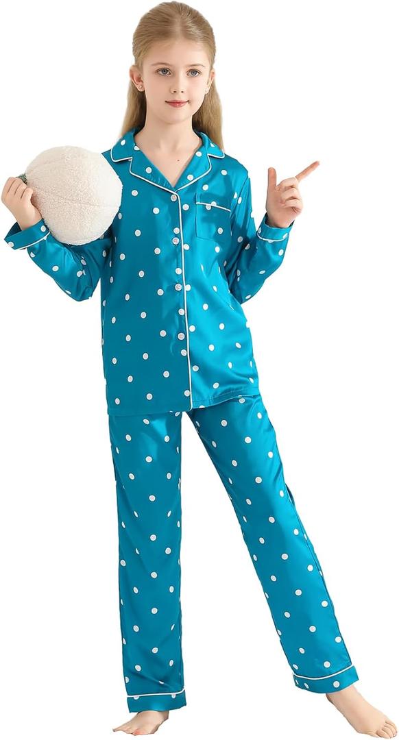 Veseacky Girls' Chrismas Satin Pajamas Set Two Piece Silk Nightwear Button-Down Sleepwear for Mom and me (Green Dots,size 8)