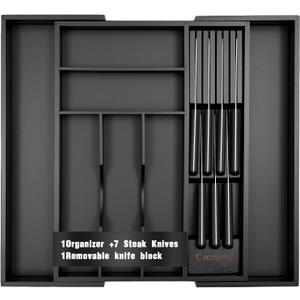 9-Piece Bamboo Kitchen Drawer Organizer Set, Expandable Silverware &Utensil Organizer with Removable Knife Block & Steak Knives, Flatware Organization, Tableware Dividers Storage(Black)