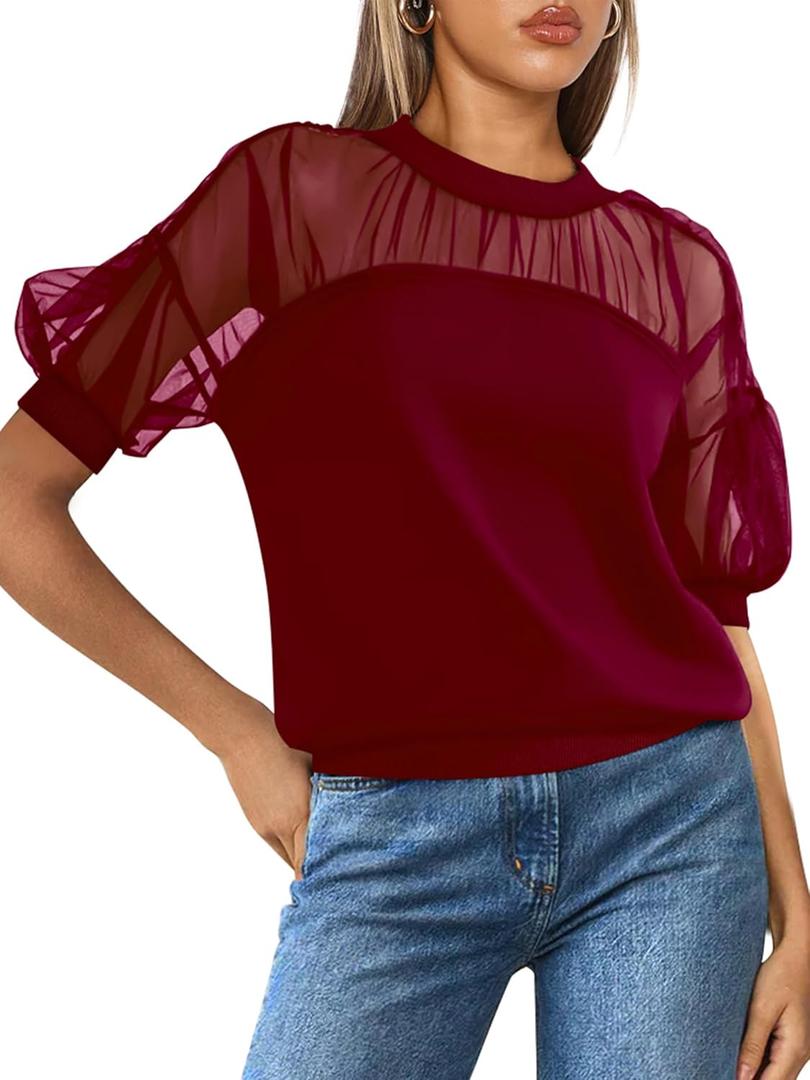 PRETTYGARDEN Women's 2025 Summer Crew Neck Short Sleeve Shirts Lace Going Out Sheer Mesh Crop Tops Dressy Casual Blouses (L)